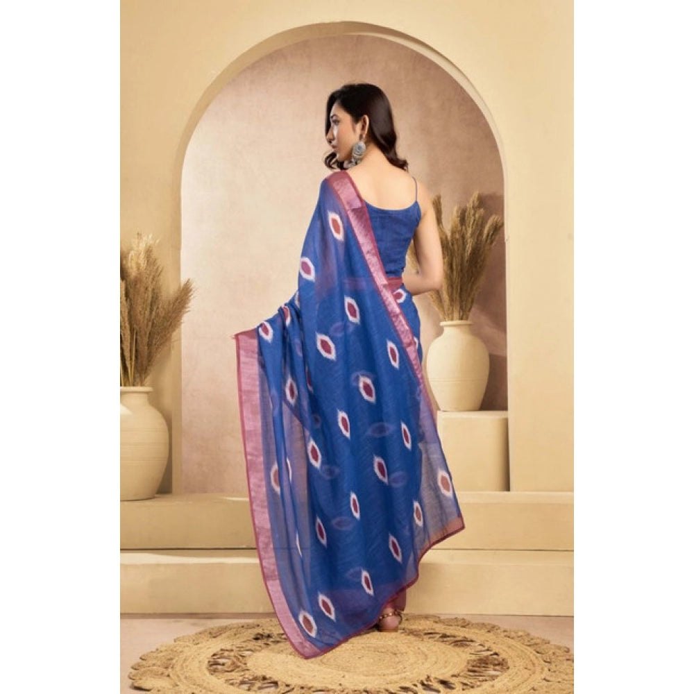 Amfyn Women's Faux Linen Printed Ready to wear Saree With Unstitched Blouse 5.5Mtr (Blue)