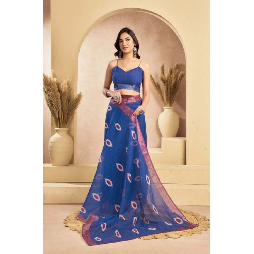 Amfyn Women's Faux Linen Printed Ready to wear Saree With Unstitched Blouse 5.5Mtr (Blue)