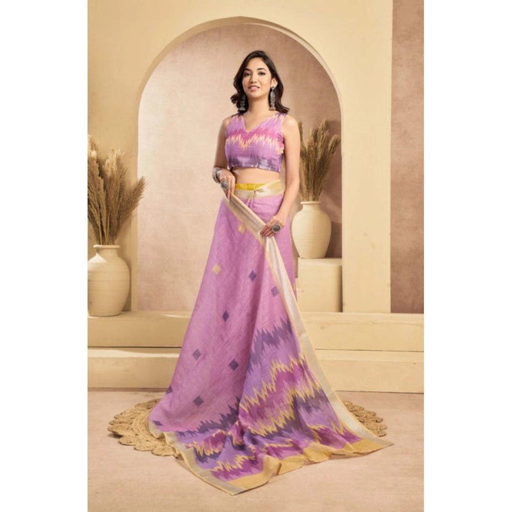 Amfyn Women's Faux Linen Floral Ready to wear Saree With Unstitched Blouse 5.5Mtr (Lavender)