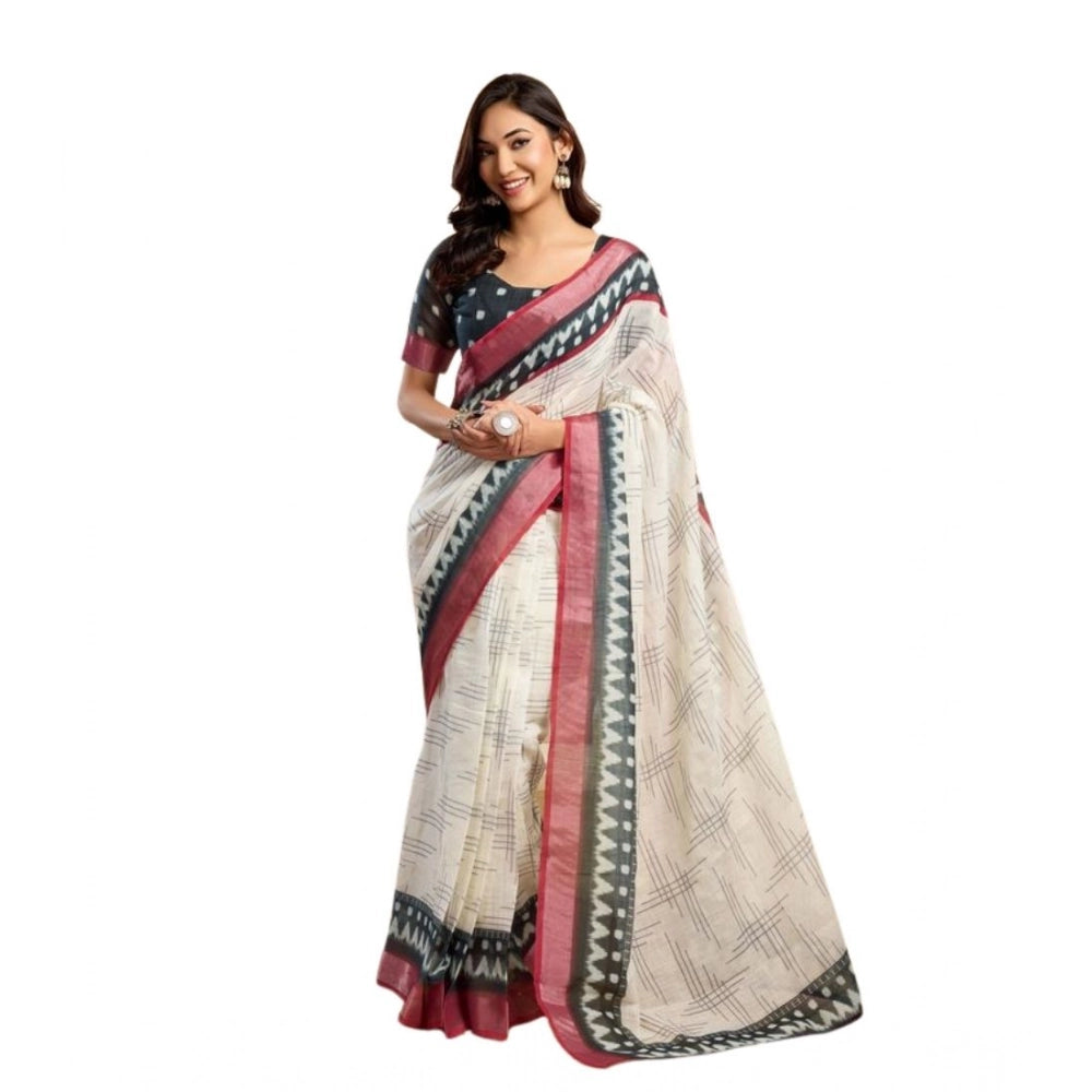 Amfyn Women's Faux Linen Floral Print Ready to wear Saree With Unstitched Blouse 5.5Mtr (OffWhite)