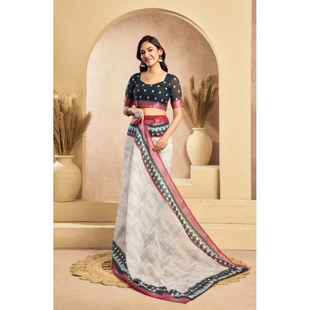 Amfyn Women's Faux Linen Floral Print Ready to wear Saree With Unstitched Blouse 5.5Mtr (OffWhite)