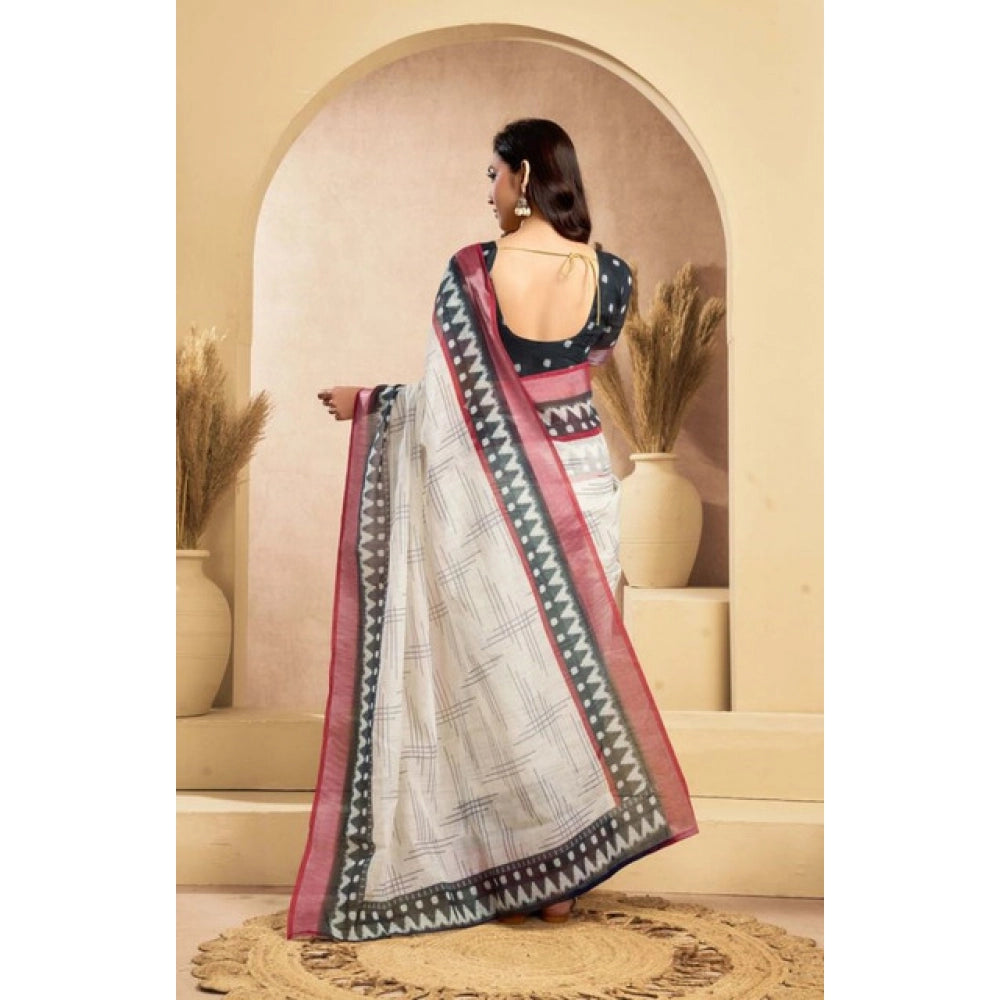 Amfyn Women's Faux Linen Floral Print Ready to wear Saree With Unstitched Blouse 5.5Mtr (OffWhite)