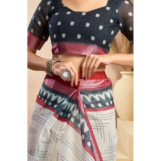 Amfyn Women's Faux Linen Floral Print Ready to wear Saree With Unstitched Blouse 5.5Mtr (OffWhite)