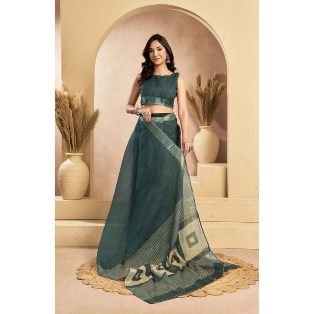 Amfyn Women's Faux Linen Floral Ready to wear Saree With Unstitched Blouse 5.5Mtr (Light_Teal)