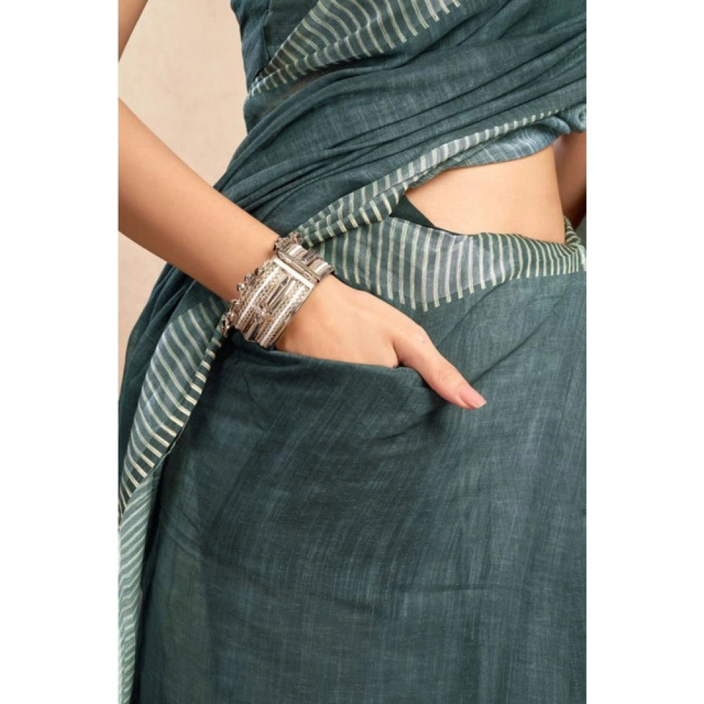 Amfyn Women's Faux Linen Floral Ready to wear Saree With Unstitched Blouse 5.5Mtr (Light_Teal)