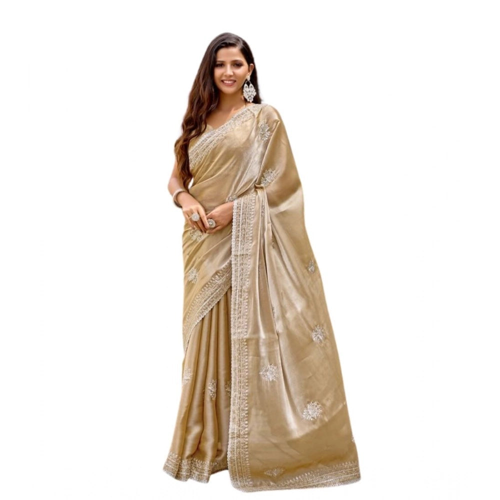 Amfyn Women's Faux Shimmer Floral Motifs Ready to wear Saree With Unstitched Blouse 5.5Mtr (Beige)