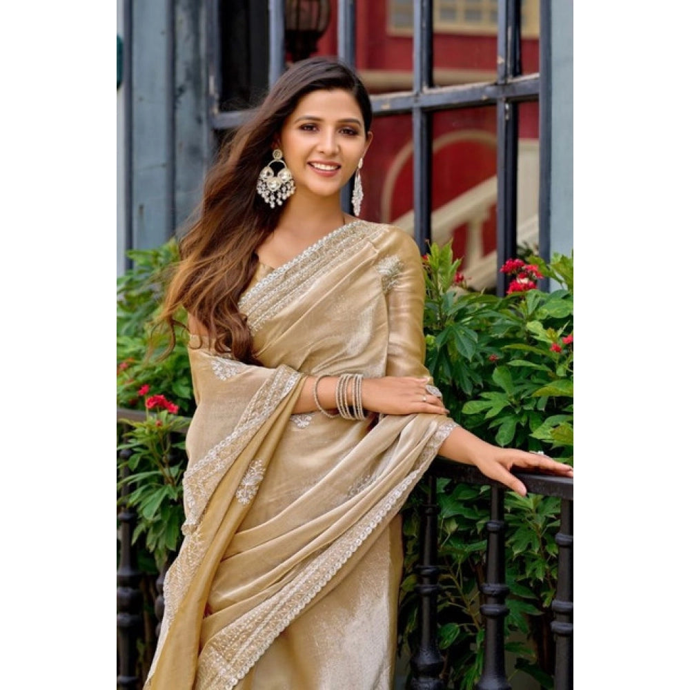 Amfyn Women's Faux Shimmer Floral Motifs Ready to wear Saree With Unstitched Blouse 5.5Mtr (Beige)