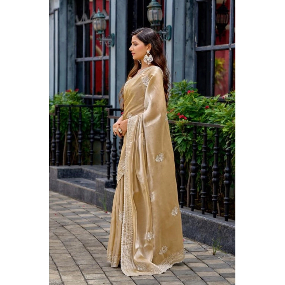 Amfyn Women's Faux Shimmer Floral Motifs Ready to wear Saree With Unstitched Blouse 5.5Mtr (Beige)