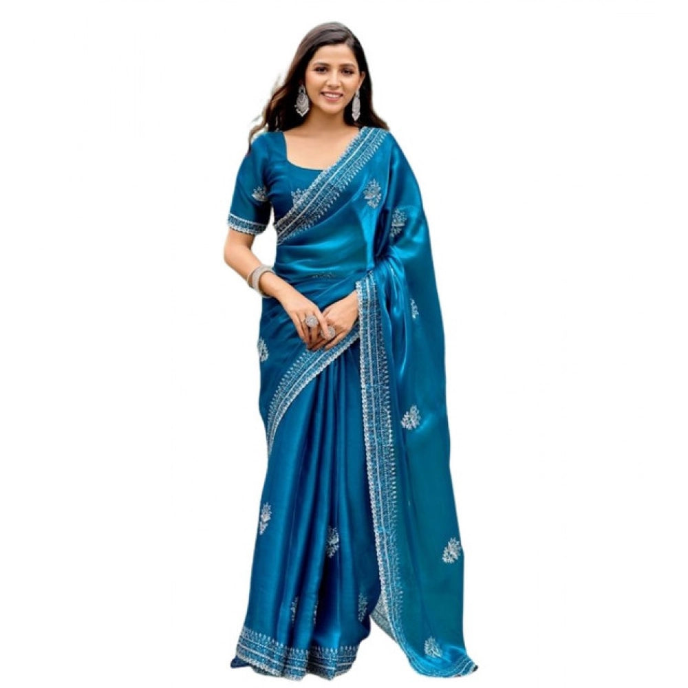 Amfyn Women's Faux Shimmer Motif Ready to wear Saree With Unstitched Blouse 5.5Mtr (Blue)