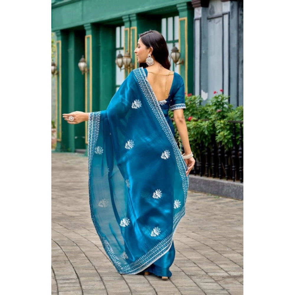 Amfyn Women's Faux Shimmer Motif Ready to wear Saree With Unstitched Blouse 5.5Mtr (Blue)