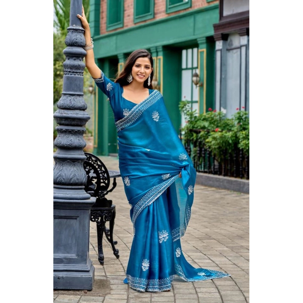 Amfyn Women's Faux Shimmer Motif Ready to wear Saree With Unstitched Blouse 5.5Mtr (Blue)