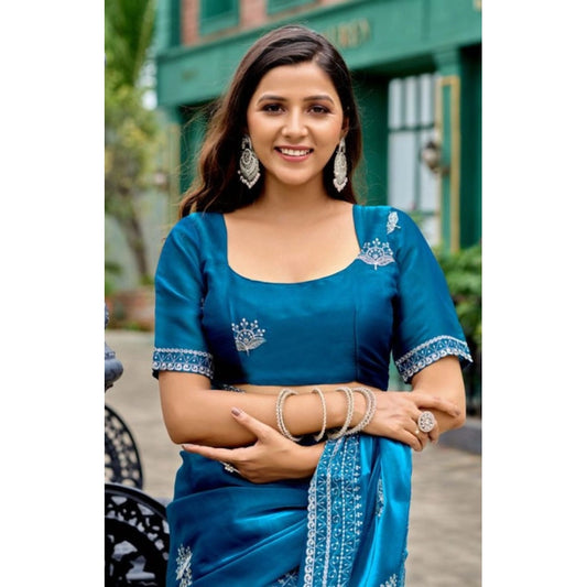 Amfyn Women's Faux Shimmer Motif Ready to wear Saree With Unstitched Blouse 5.5Mtr (Blue)