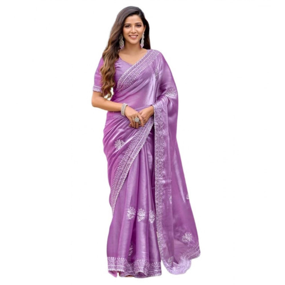 Amfyn Women's Faux Shimmer Floral Ready to wear Saree With Unstitched Blouse 5.5Mtr (Lavender)