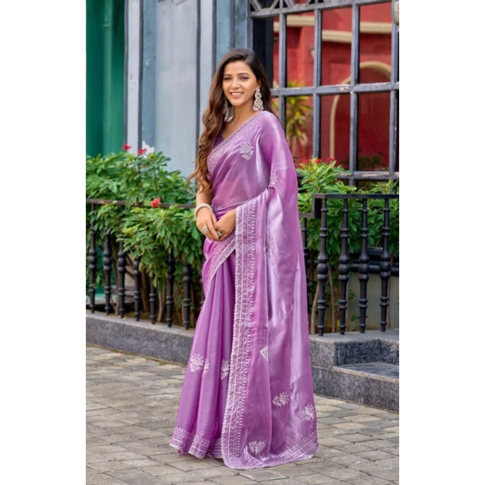 Amfyn Women's Faux Shimmer Floral Ready to wear Saree With Unstitched Blouse 5.5Mtr (Lavender)