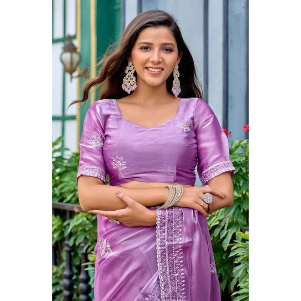 Amfyn Women's Faux Shimmer Floral Ready to wear Saree With Unstitched Blouse 5.5Mtr (Lavender)