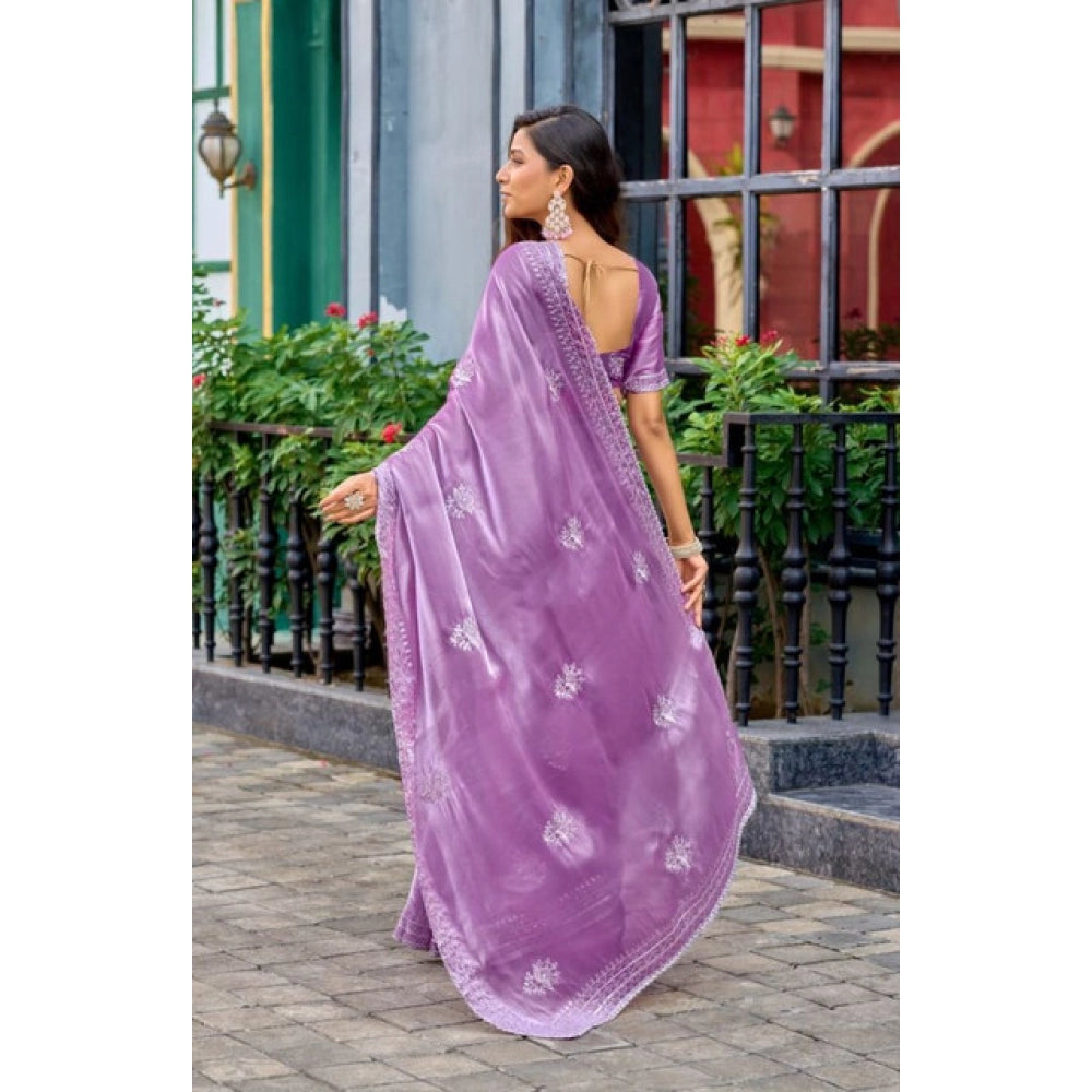 Amfyn Women's Faux Shimmer Floral Ready to wear Saree With Unstitched Blouse 5.5Mtr (Lavender)