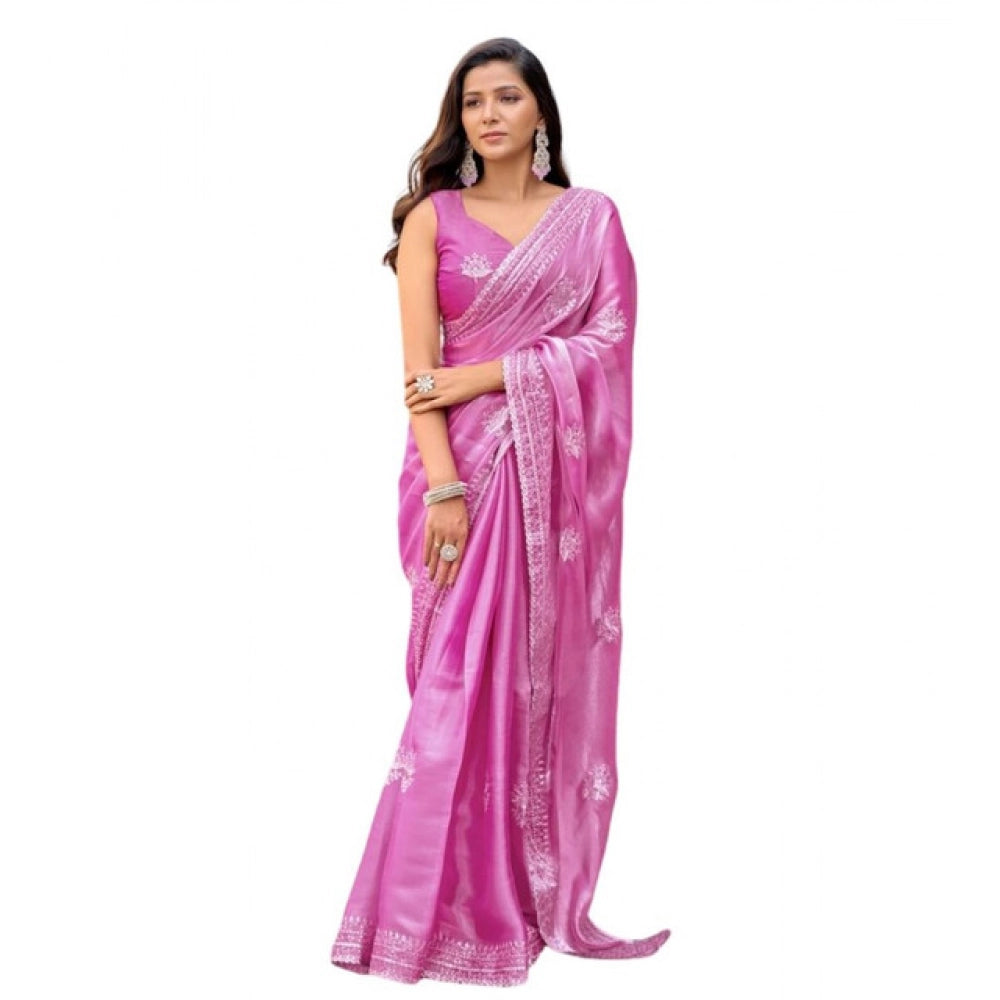 Amfyn Women's Faux Shimmer Floral Embroidery Ready to wear Saree With Unstitched Blouse 5.5Mtr (LightPink)