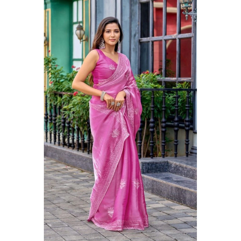Amfyn Women's Faux Shimmer Floral Embroidery Ready to wear Saree With Unstitched Blouse 5.5Mtr (LightPink)
