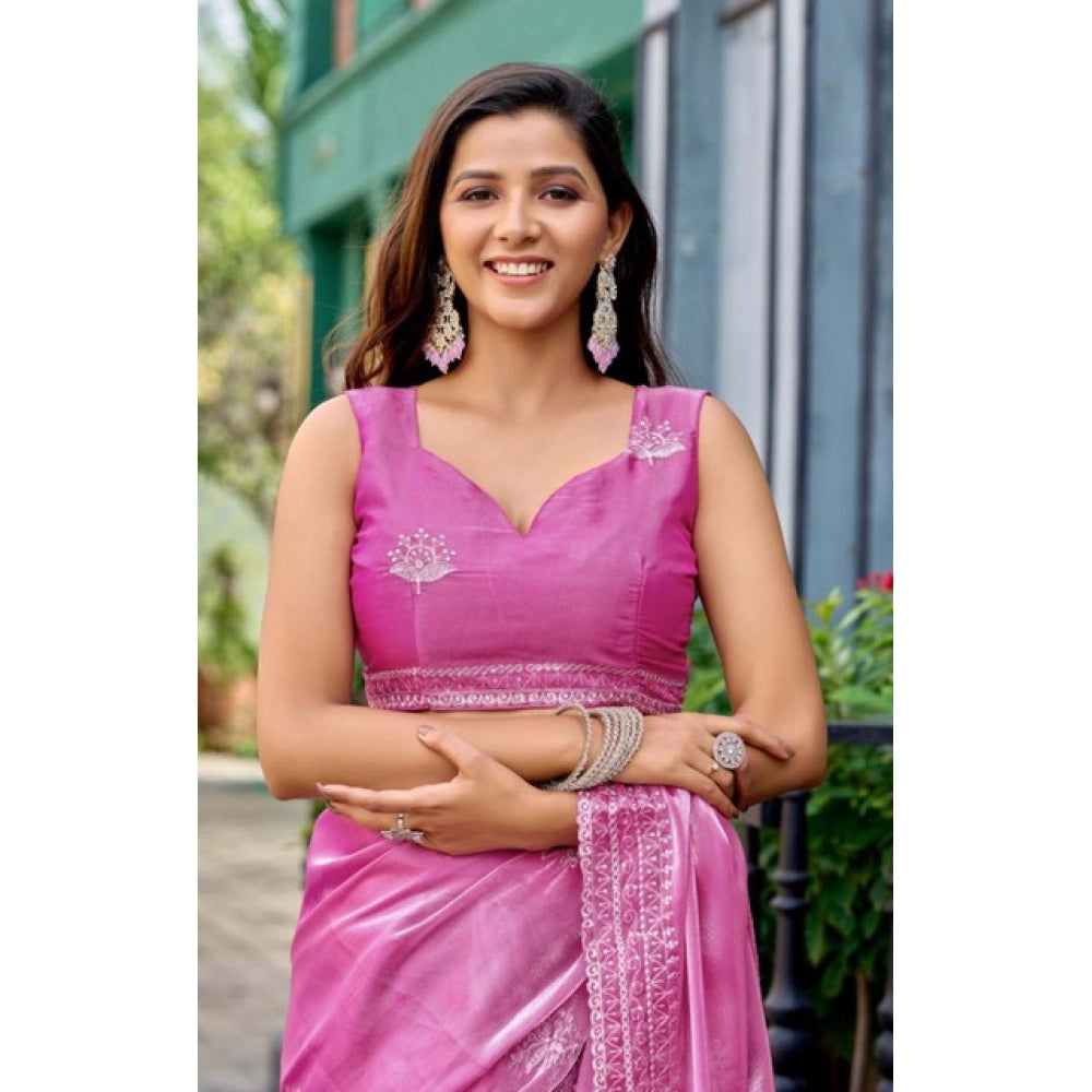 Amfyn Women's Faux Shimmer Floral Embroidery Ready to wear Saree With Unstitched Blouse 5.5Mtr (LightPink)