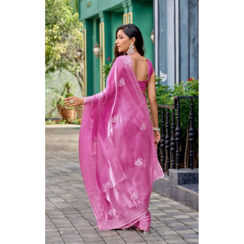 Amfyn Women's Faux Shimmer Floral Embroidery Ready to wear Saree With Unstitched Blouse 5.5Mtr (LightPink)
