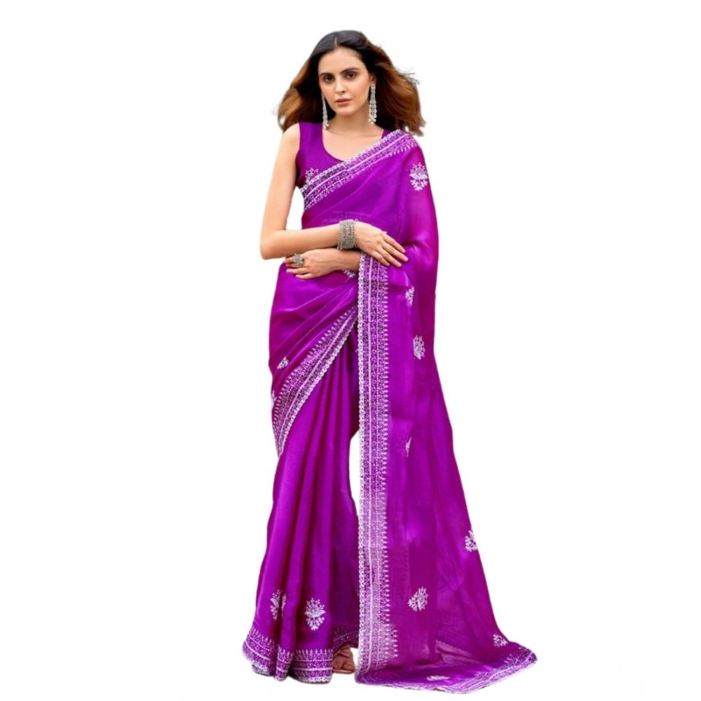 Amfyn Women's Faux Shimmer Floral Embroidery Ready to wear Saree With Unstitched Blouse 5.5Mtr (Purple)