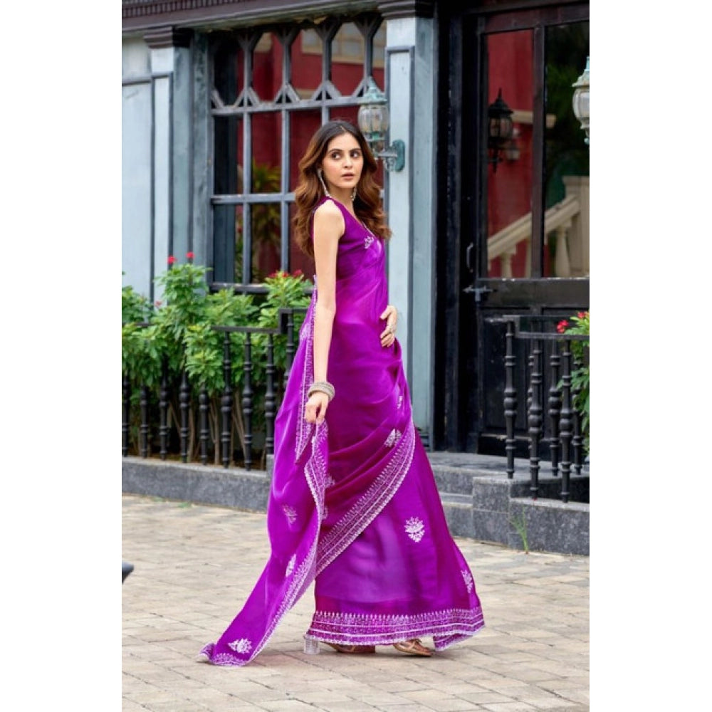 Amfyn Women's Faux Shimmer Floral Embroidery Ready to wear Saree With Unstitched Blouse 5.5Mtr (Purple)