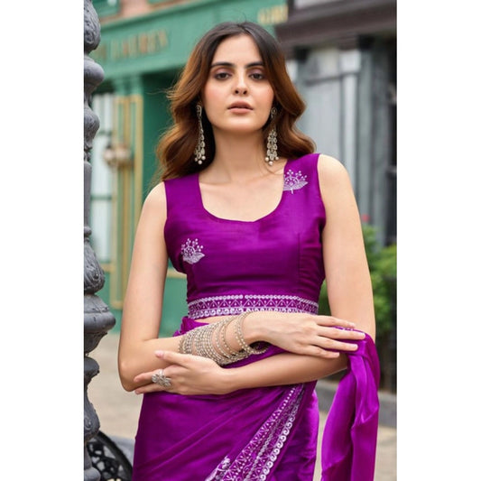 Amfyn Women's Faux Shimmer Floral Embroidery Ready to wear Saree With Unstitched Blouse 5.5Mtr (Purple)
