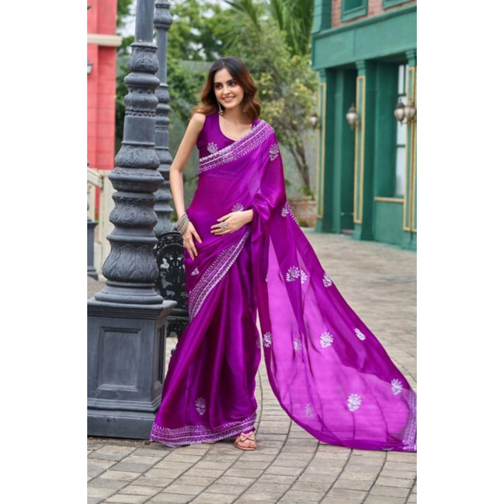 Amfyn Women's Faux Shimmer Floral Embroidery Ready to wear Saree With Unstitched Blouse 5.5Mtr (Purple)