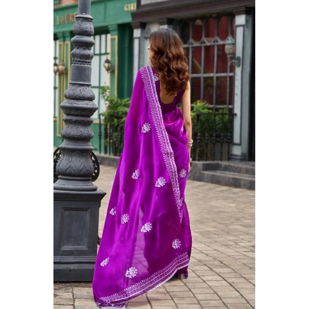 Amfyn Women's Faux Shimmer Floral Embroidery Ready to wear Saree With Unstitched Blouse 5.5Mtr (Purple)