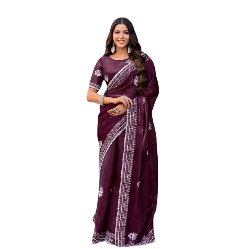 Amfyn Women's Faux Shimmer Floral Embroidery Ready to wear Saree With Unstitched Blouse 5.5Mtr (Maroon)