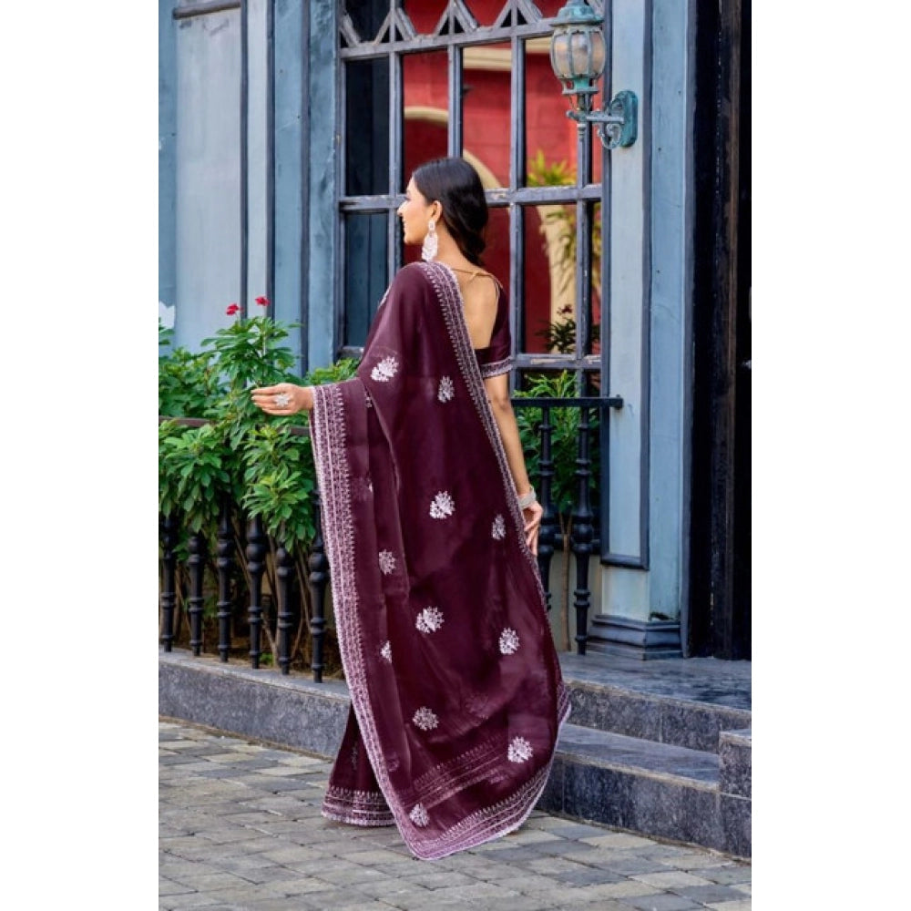 Amfyn Women's Faux Shimmer Floral Embroidery Ready to wear Saree With Unstitched Blouse 5.5Mtr (Maroon)