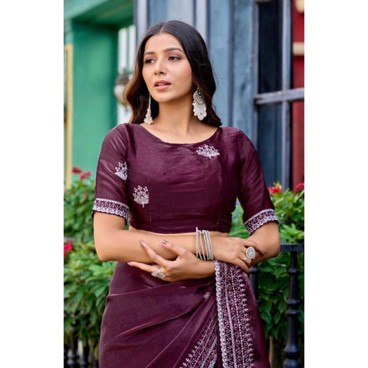 Amfyn Women's Faux Shimmer Floral Embroidery Ready to wear Saree With Unstitched Blouse 5.5Mtr (Maroon)