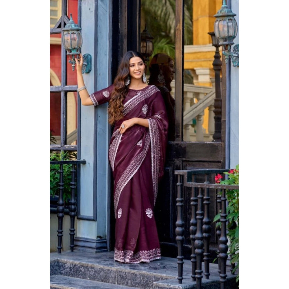 Amfyn Women's Faux Shimmer Floral Embroidery Ready to wear Saree With Unstitched Blouse 5.5Mtr (Maroon)