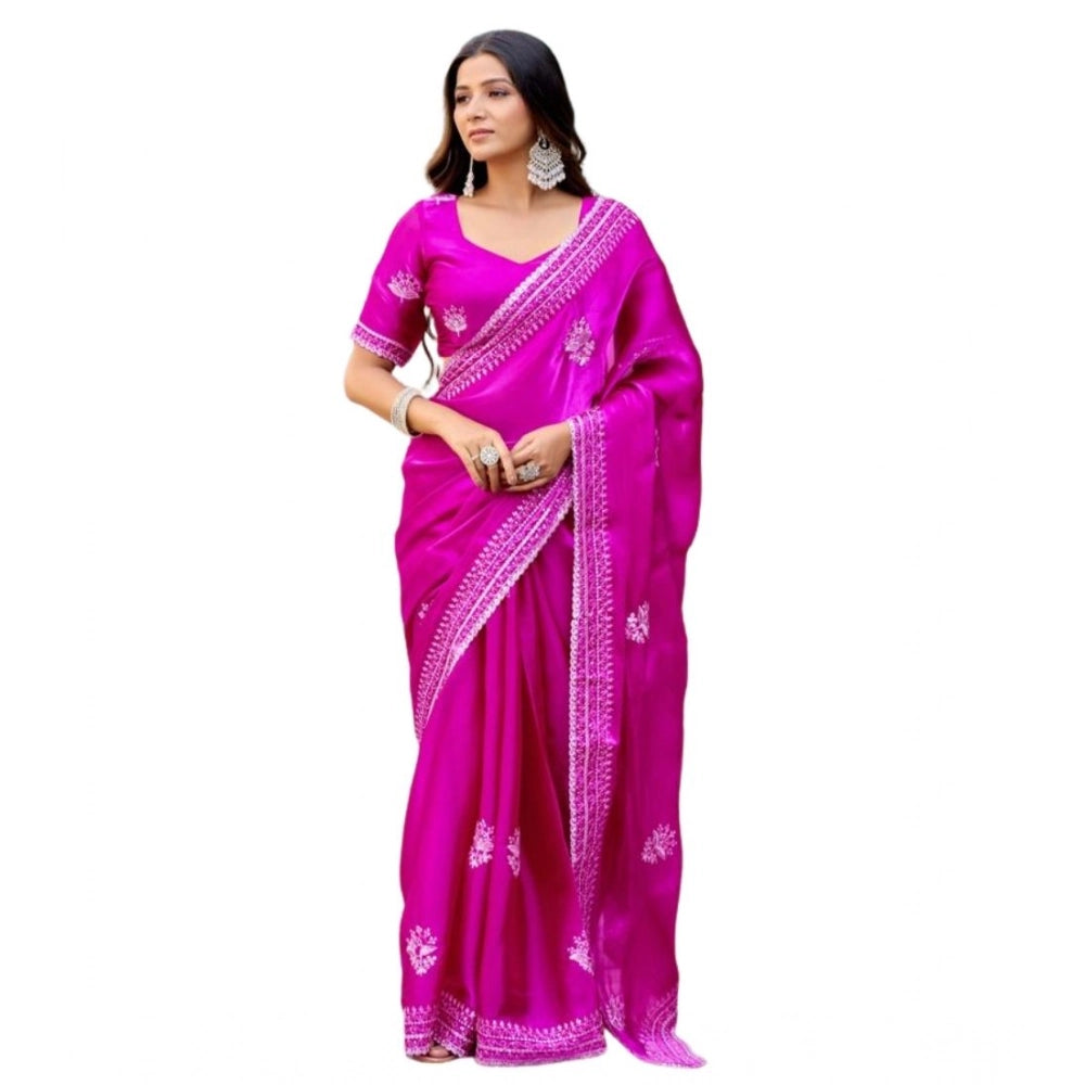 Amfyn Women's Faux Shimmer Floral Embroidery Ready to wear Saree With Unstitched Blouse 5.5Mtr (Pink)