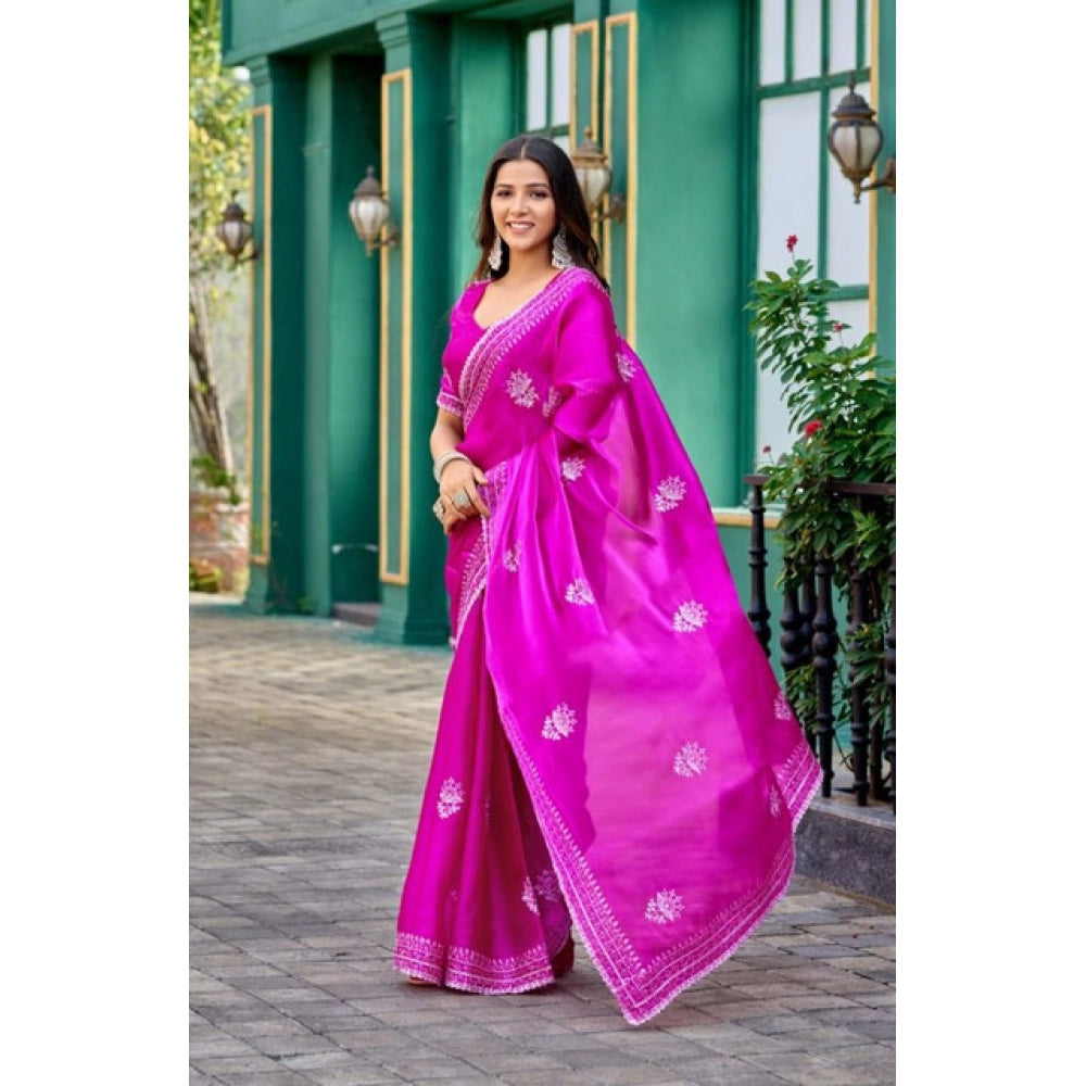 Amfyn Women's Faux Shimmer Floral Embroidery Ready to wear Saree With Unstitched Blouse 5.5Mtr (Pink)