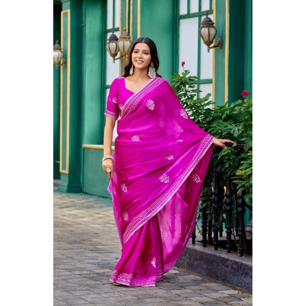 Amfyn Women's Faux Shimmer Floral Embroidery Ready to wear Saree With Unstitched Blouse 5.5Mtr (Pink)