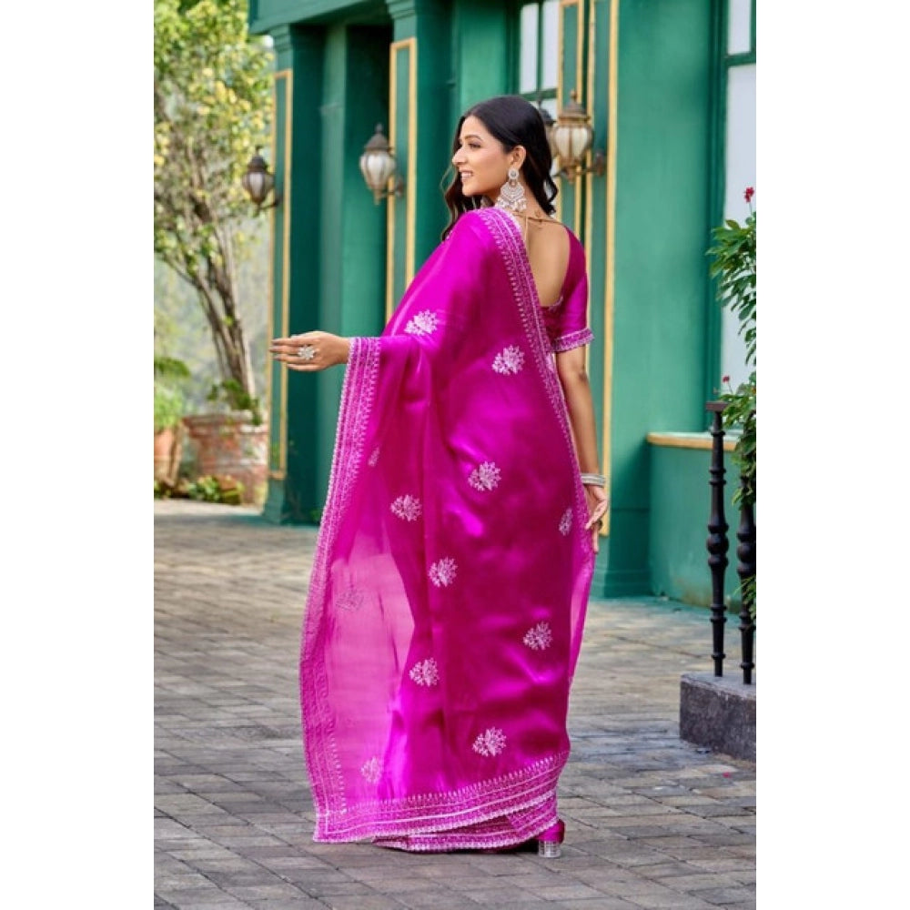Amfyn Women's Faux Shimmer Floral Embroidery Ready to wear Saree With Unstitched Blouse 5.5Mtr (Pink)