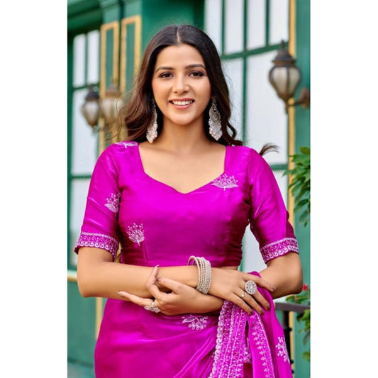 Amfyn Women's Faux Shimmer Floral Embroidery Ready to wear Saree With Unstitched Blouse 5.5Mtr (Pink)