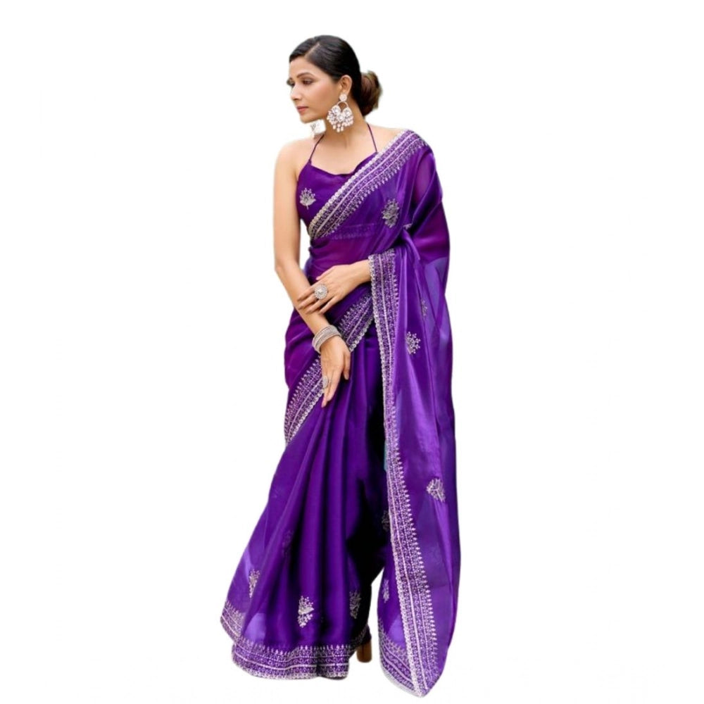 Amfyn Women's Faux Shimmer Floral Embroidery Ready to wear Saree With Unstitched Blouse 5.5Mtr (Purple)
