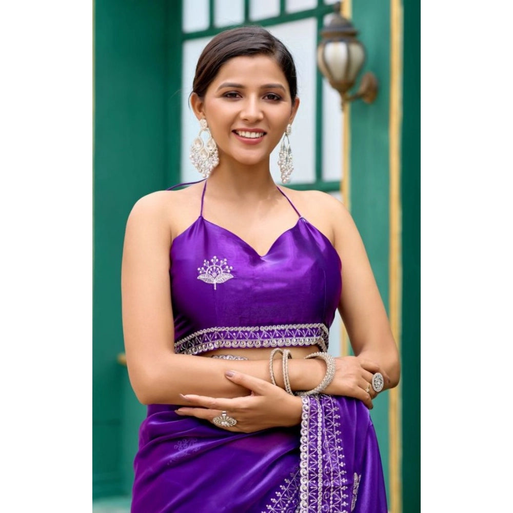 Amfyn Women's Faux Shimmer Floral Embroidery Ready to wear Saree With Unstitched Blouse 5.5Mtr (Purple)