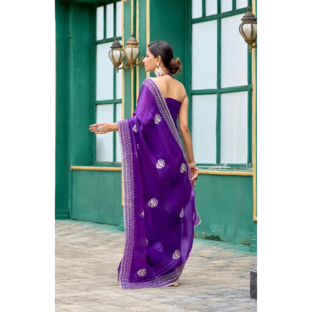 Amfyn Women's Faux Shimmer Floral Embroidery Ready to wear Saree With Unstitched Blouse 5.5Mtr (Purple)