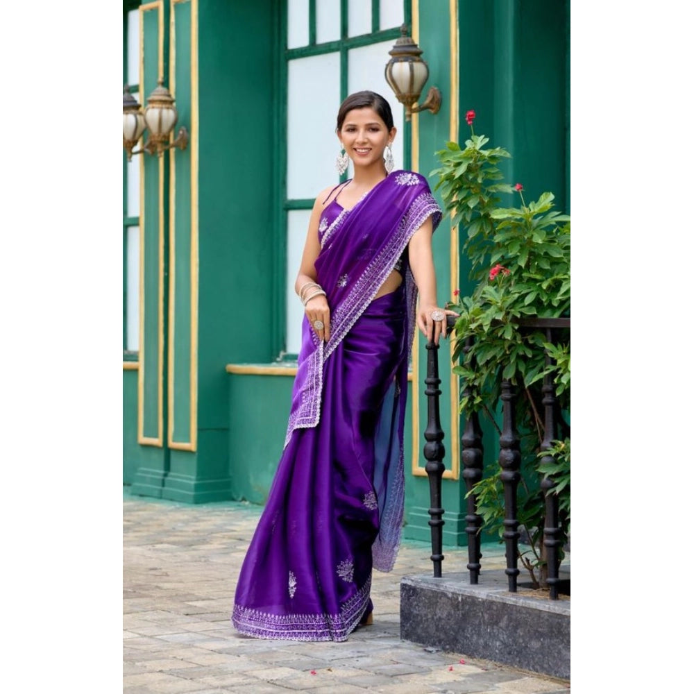 Amfyn Women's Faux Shimmer Floral Embroidery Ready to wear Saree With Unstitched Blouse 5.5Mtr (Purple)
