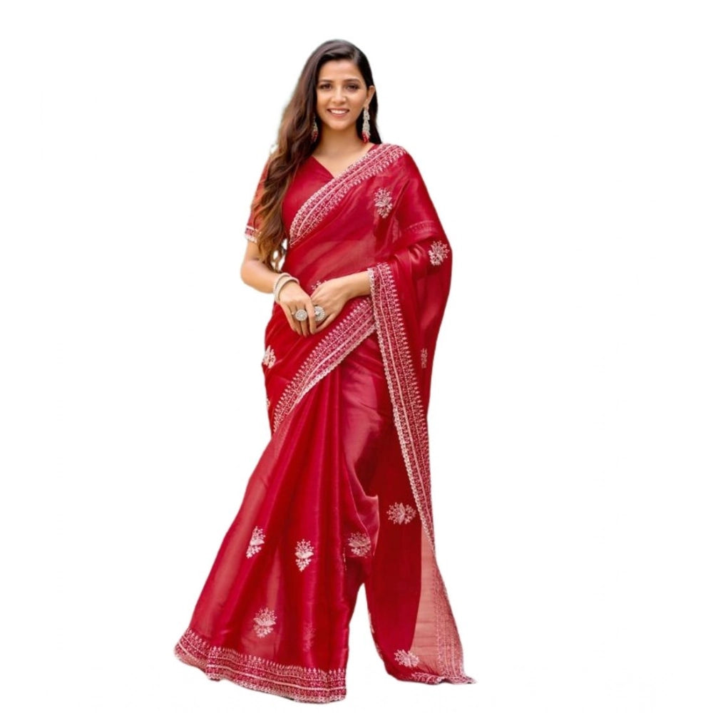 Amfyn Women's Faux Shimmer Floral Embroidery Ready to wear Saree With Unstitched Blouse 5.5Mtr (Red)