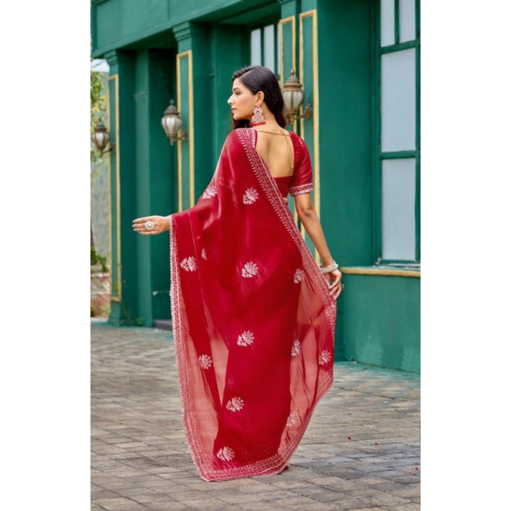 Amfyn Women's Faux Shimmer Floral Embroidery Ready to wear Saree With Unstitched Blouse 5.5Mtr (Red)