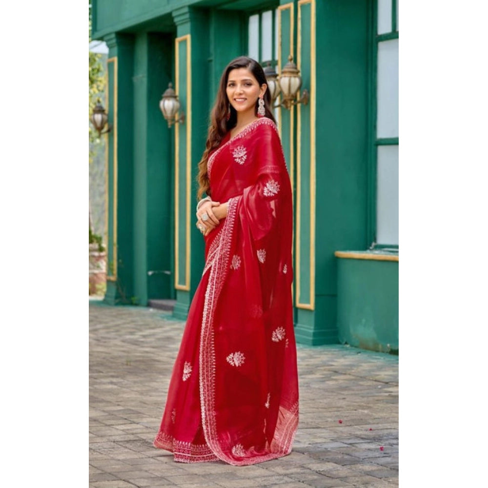 Amfyn Women's Faux Shimmer Floral Embroidery Ready to wear Saree With Unstitched Blouse 5.5Mtr (Red)