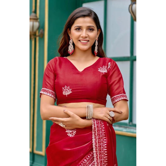 Amfyn Women's Faux Shimmer Floral Embroidery Ready to wear Saree With Unstitched Blouse 5.5Mtr (Red)