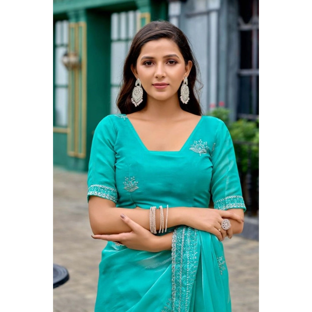 Amfyn Women's Faux Shimmer Floral Embroidery Ready to wear Saree With Unstitched Blouse 5.5Mtr (Turquoise)