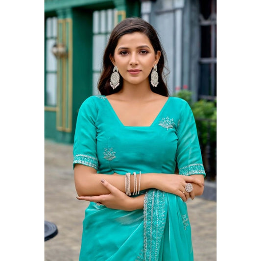 Amfyn Women's Faux Shimmer Floral Embroidery Ready to wear Saree With Unstitched Blouse 5.5Mtr (Turquoise)