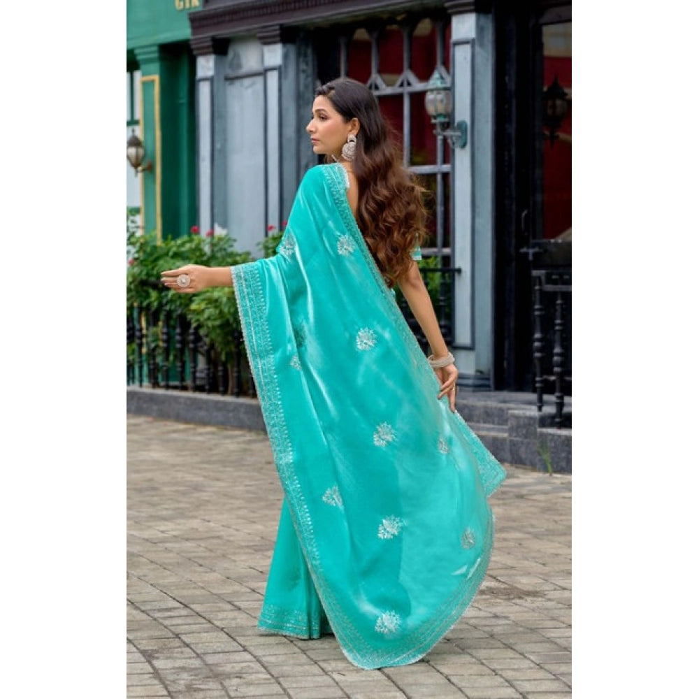 Amfyn Women's Faux Shimmer Floral Embroidery Ready to wear Saree With Unstitched Blouse 5.5Mtr (Turquoise)