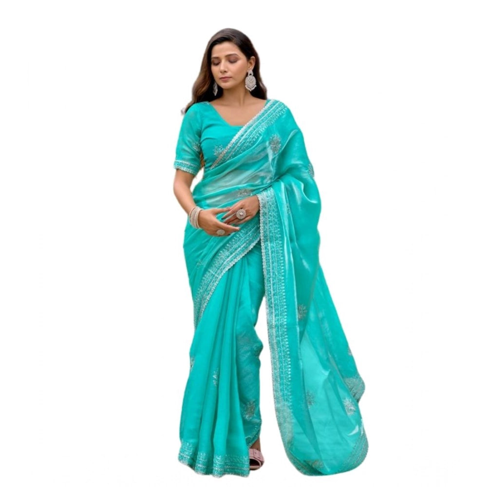Amfyn Women's Faux Shimmer Floral Embroidery Ready to wear Saree With Unstitched Blouse 5.5Mtr (Turquoise)